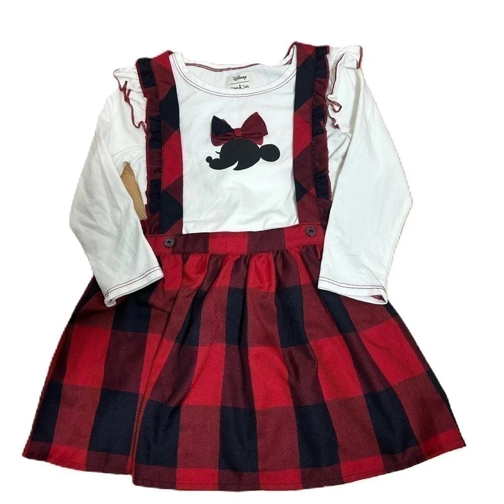 Disney Pippa & Julie Minnie Mouse Dress 4T Plaid Black Red Long Sleeve Overall